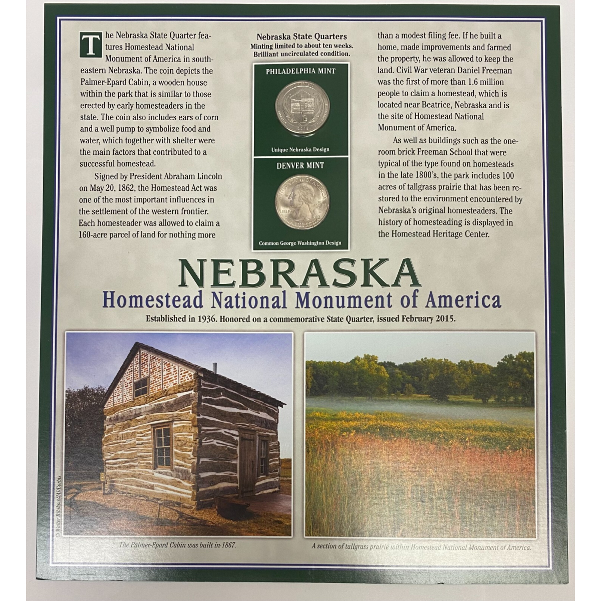 2015 P +D Nebraska Homestead Monumen Quarters + 2 Stamps Placard w/Protector PCS
