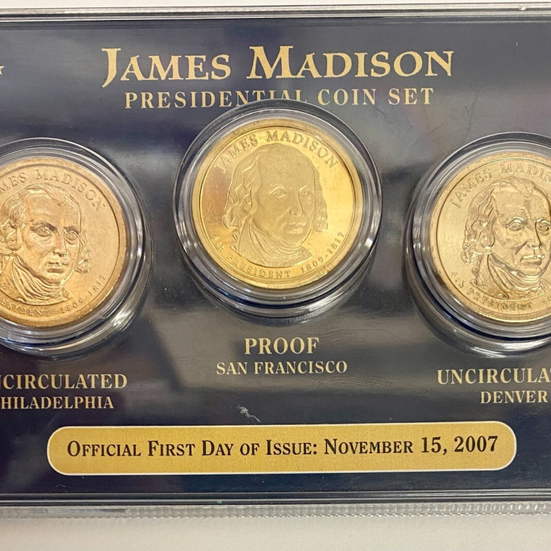 2007 PDS Official First Day of Issue James Madison Presidential 3 Coin Set