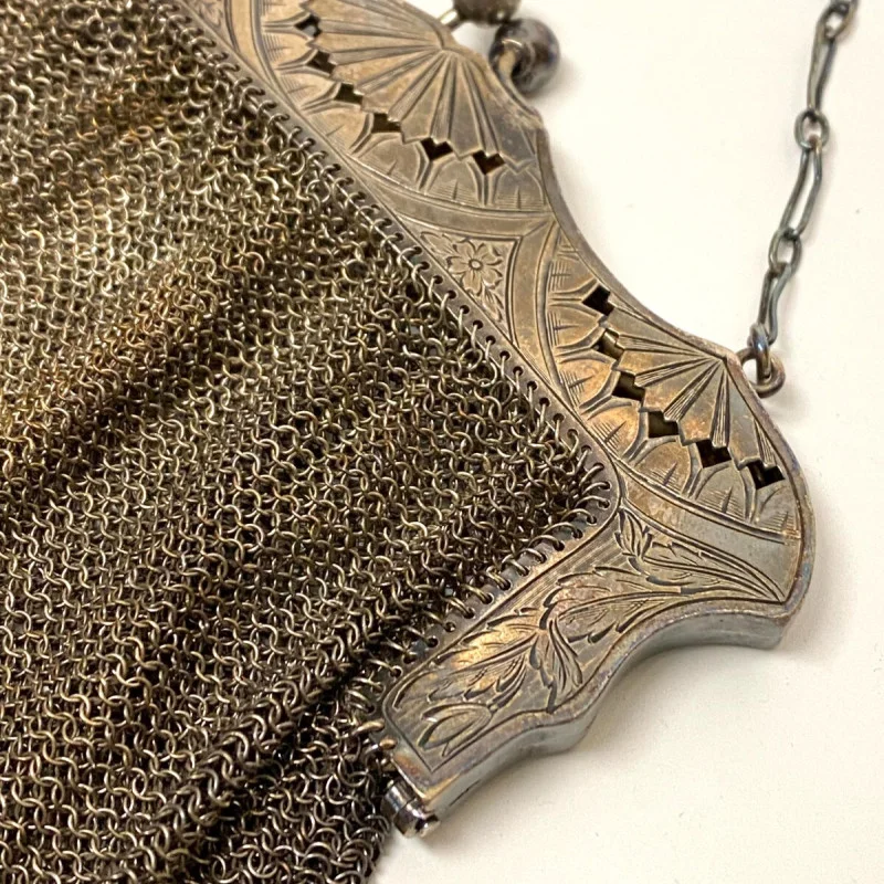 Antique Sterling Silver Mesh Purse - Ruby A Rossback 1909 Engraving