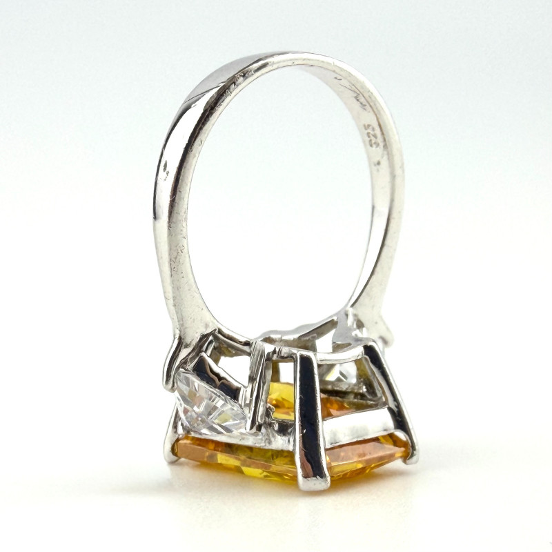 925 Silver Yellow CZ Stone Ring Emerald Cut Center Trillion Sides Sz 7