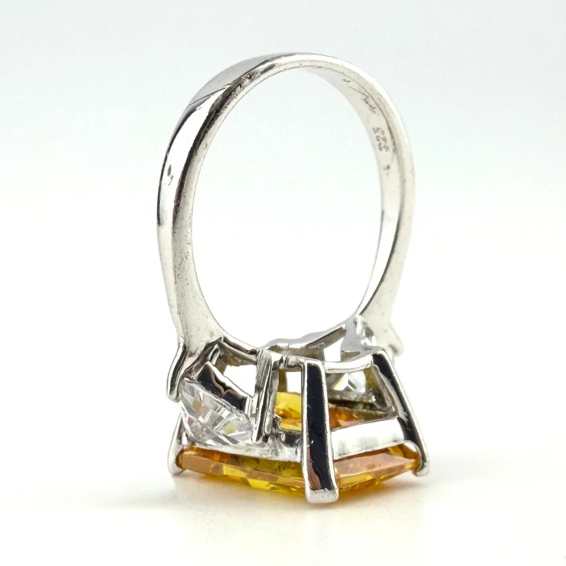 925 Silver Yellow CZ Stone Ring Emerald Cut Center Trillion Sides Sz 7
