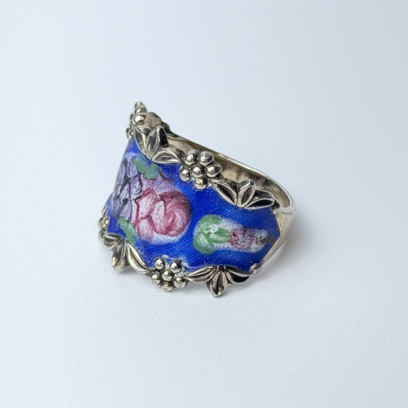 Vintage Guilloche Enamel Sterling Silver Floral Roses On Blue Ring, Sz 9.0