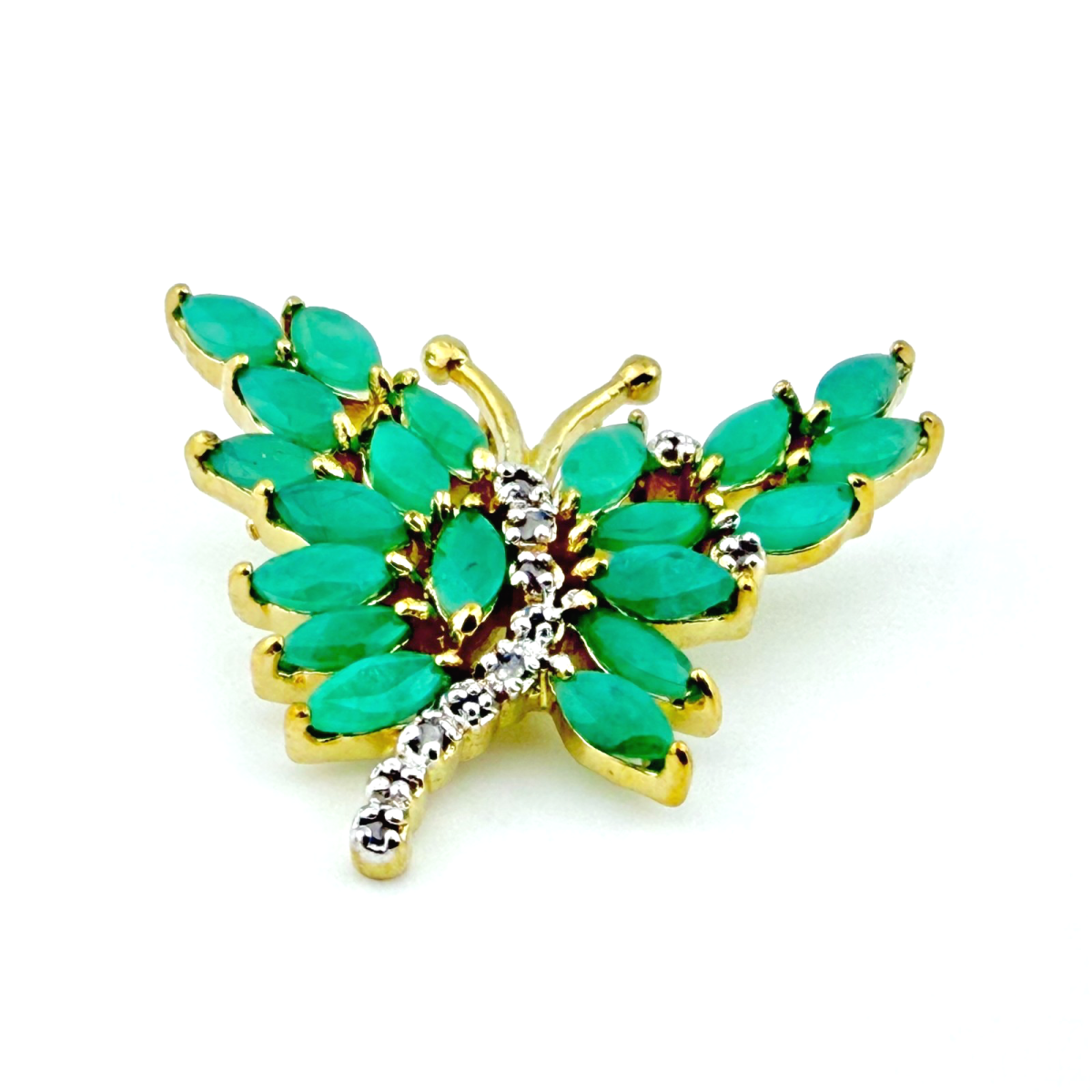 Vintage Gold Tone Butterfly Pendant with Mint Emerald and Diamond Chips - Unbranded