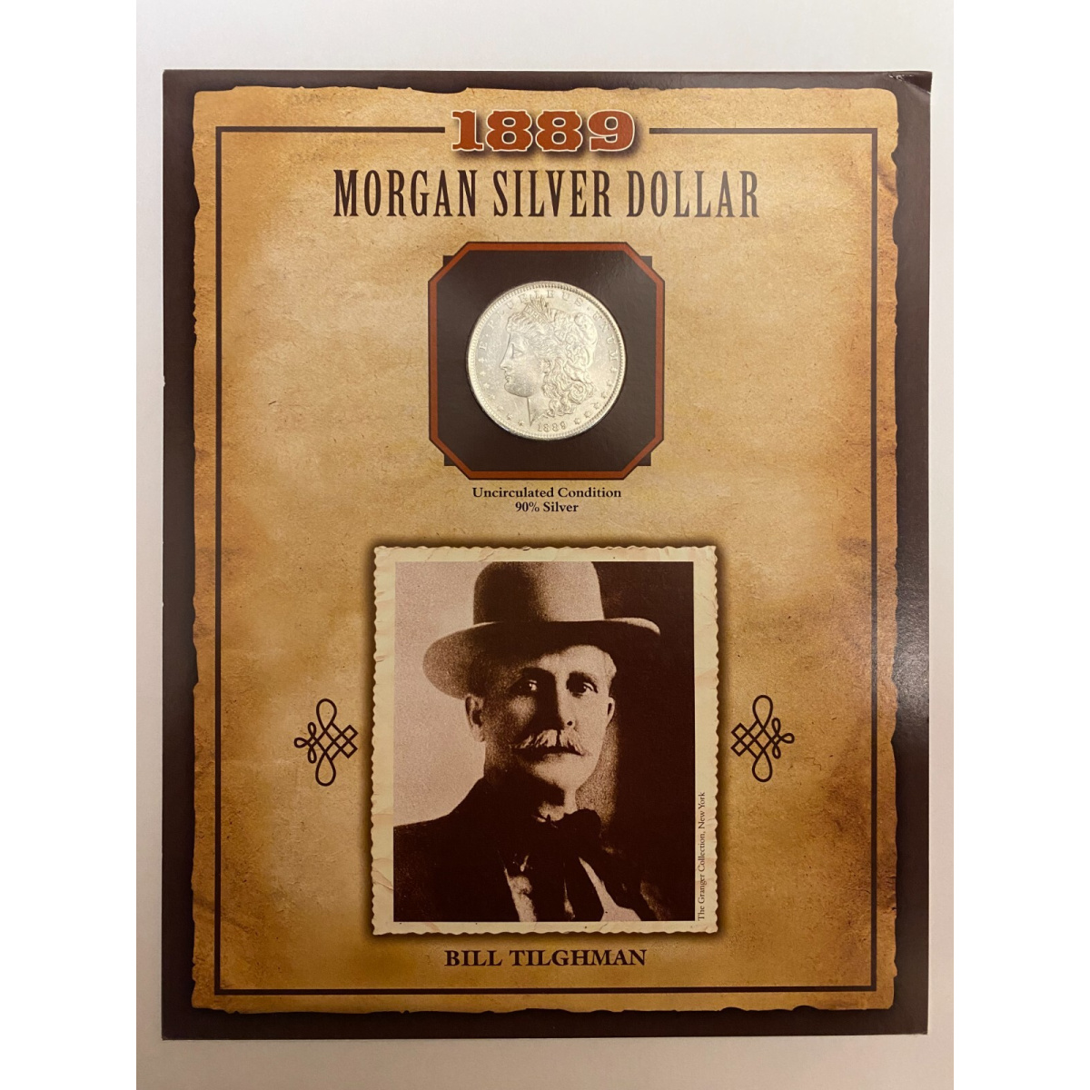 1889 Morgan Silver Dollar with Stamp on Card, American West, Bill Tilghman