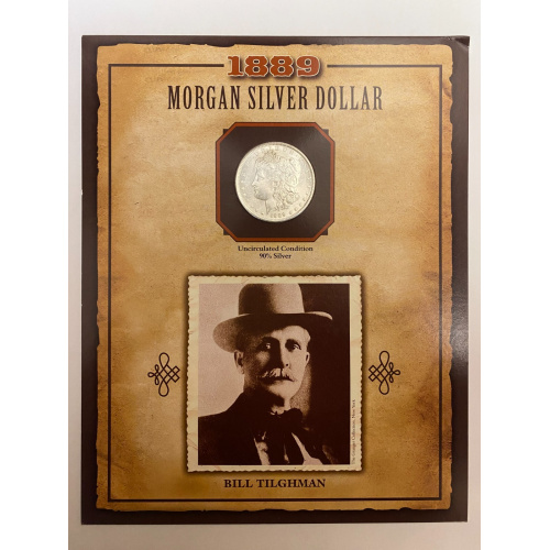 1889 Morgan Silver Dollar with Stamp on Card, American West, Bill Tilghman