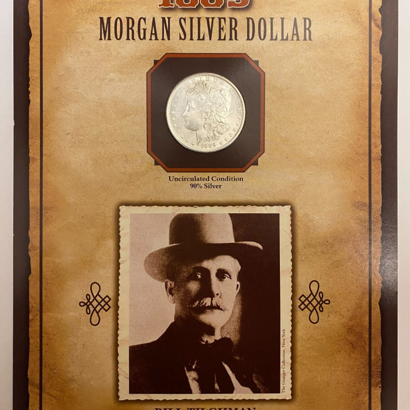 1889 Morgan Silver Dollar with Stamp on Card, American West, Bill Tilghman