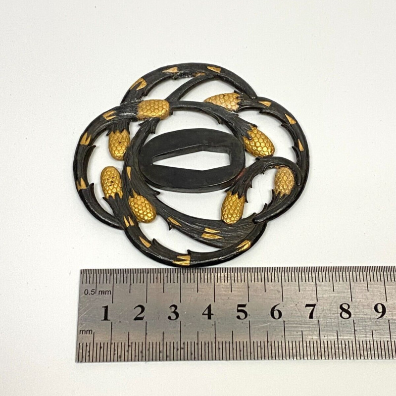Antique Japanese Tsuba - Iron Sword Guard with Gold Inlay - Pinecone Motif Antique Japanese Tsuba - Iron Sword Guard with Gold Inlay - Pinecone Motif