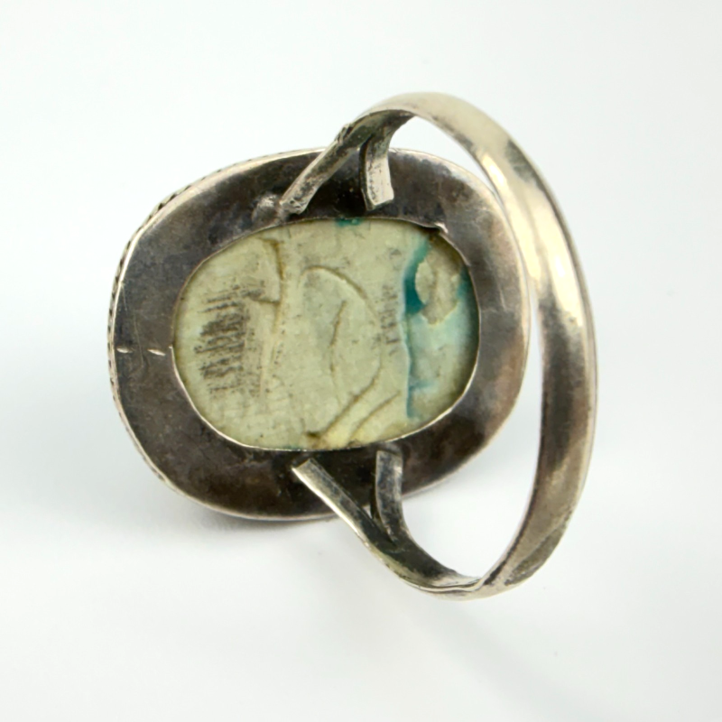 Vintage Egyptian Revival Sterling Silver Carved Faience Scarab Ring, Sz. 7