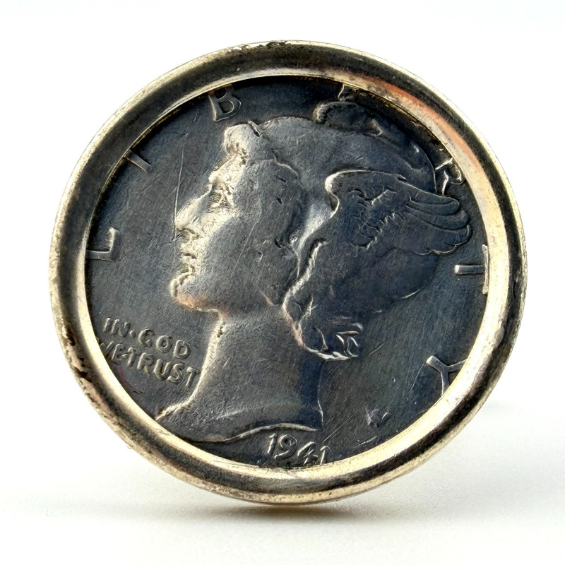 Vintage 1941 Mercury Dime Cufflinks Sterling Silver Bezel WWII Era
