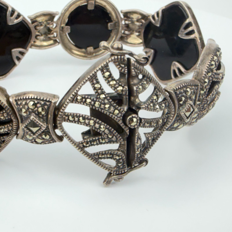 Sterling Silver Vintage Judith Jack Real Marcasite and Black Onyx Bracelet 7.5"
