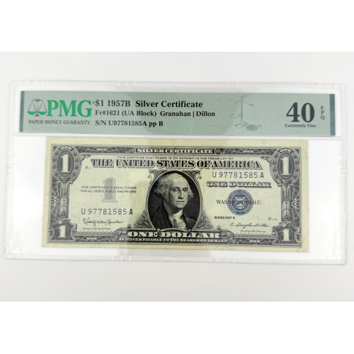 1957B $1 Silver Cert. Fr. 1621 UA Block PMG 40 EPQ Granahan/Dillon U97781585A 1957B $1 Silver Cert. Fr. 1621 UA Block PMG 40 EPQ Granahan/Dillon U97781585A