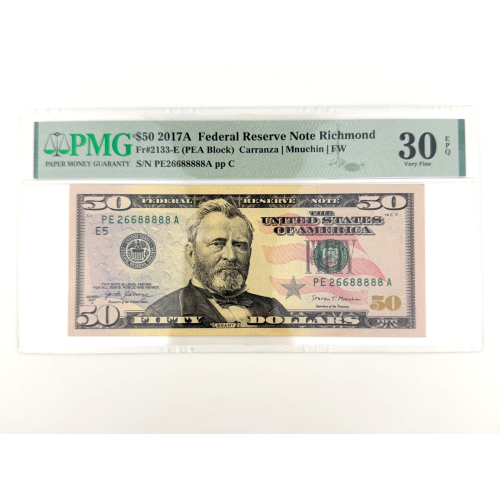 2017A $50 FRN Fr. 2133-E PEA Block PE266 88888A PMG 30 EPQ Fancy Number 2017A $50 FRN Fr. 2133-E PEA Block PE266 88888A PMG 30 EPQ Fancy Number