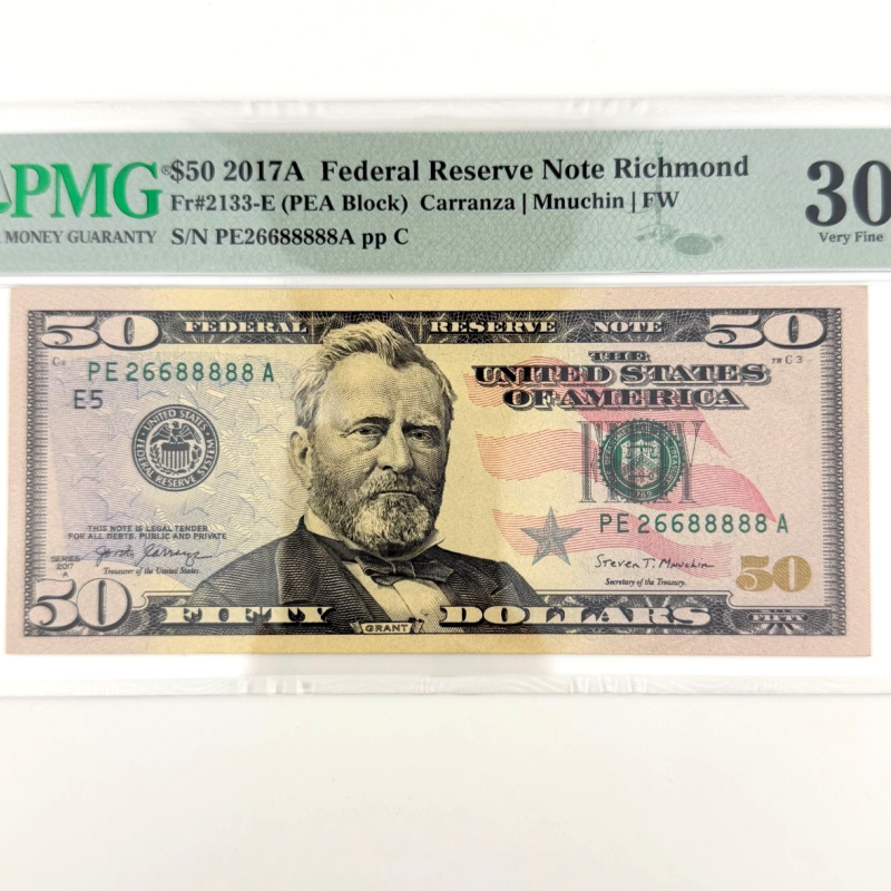 2017A $50 FRN Fr. 2133-E PEA Block PE266 88888A PMG 30 EPQ Fancy Number