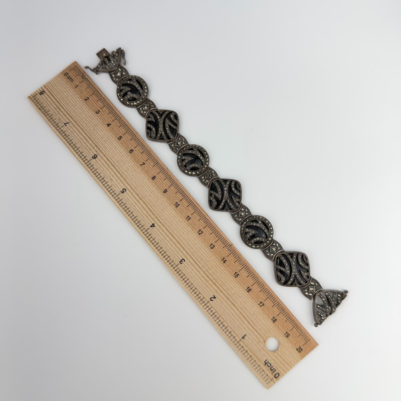 Sterling Silver Vintage Judith Jack Real Marcasite and Black Onyx Bracelet 7.5"