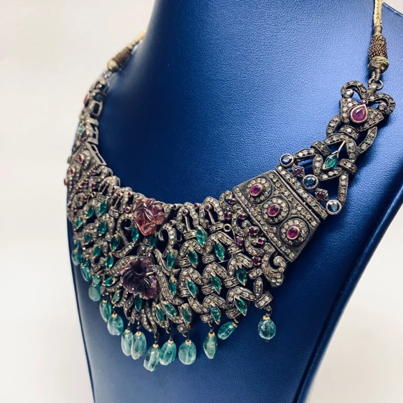Antique Handmade Necklace and Earrings Diamond Tourmaline Ruby Emerald Sapphire