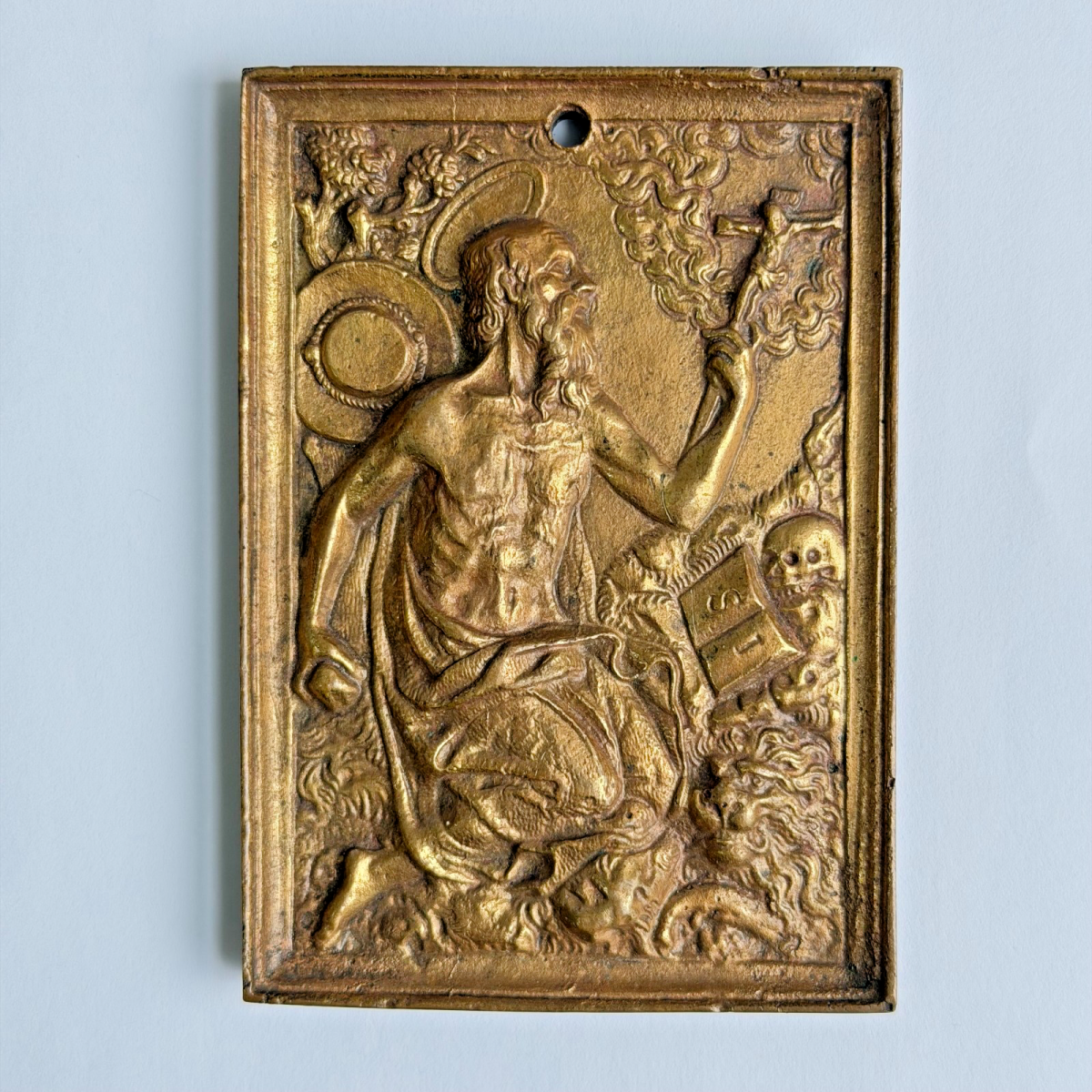 Antique Rare 17th C Spanish Gilt Bronze Saint Jerome Plaquette