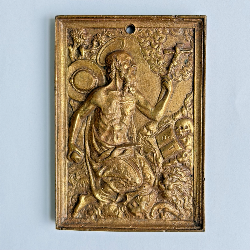 Antique Rare 17th C Spanish Gilt Bronze Saint Jerome Plaquette