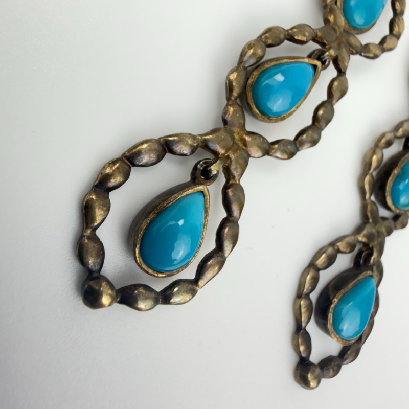 Vintage Boho Natural Turquoise Sterling Silver Dangle Earrings With Yellow Hue