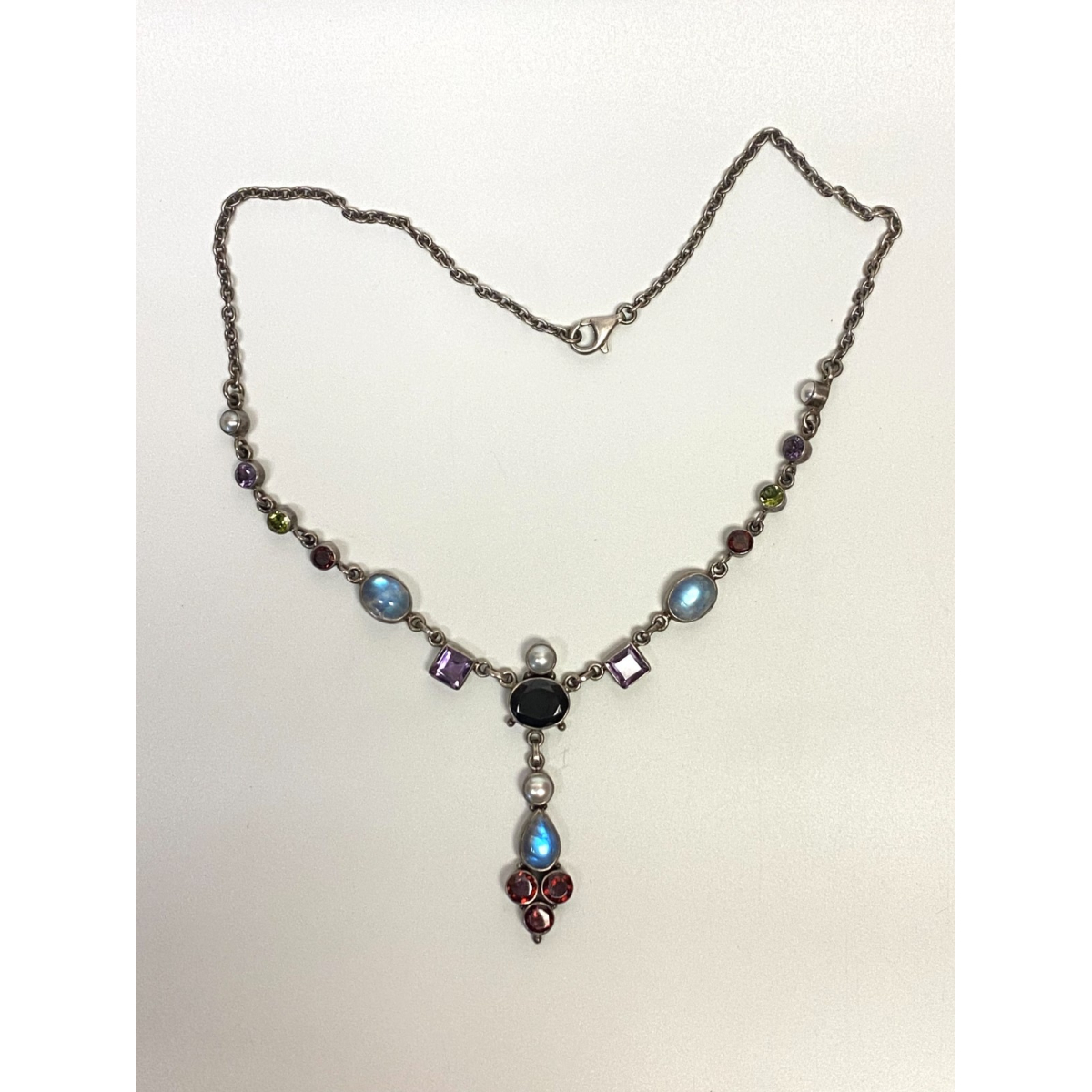 NICKY BUTLER STERLING UNUSUAL FESTOON DRAPE MOONSTONE, GARNET 17 NECKLACE