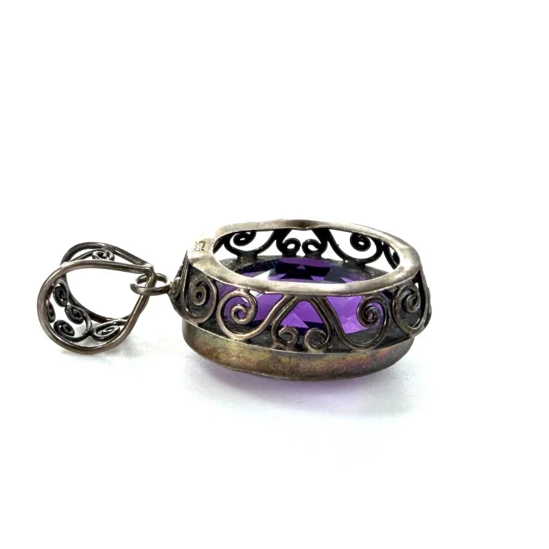 925 Sterling Silver Vintage Real Dark Purple Oval Amethyst Gemstone Pendant