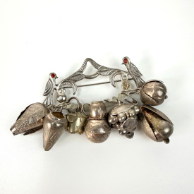 Antique Brazilian Amulet Silver Brooch Pin PENCA DE BALANGANDAN with 7 Charms