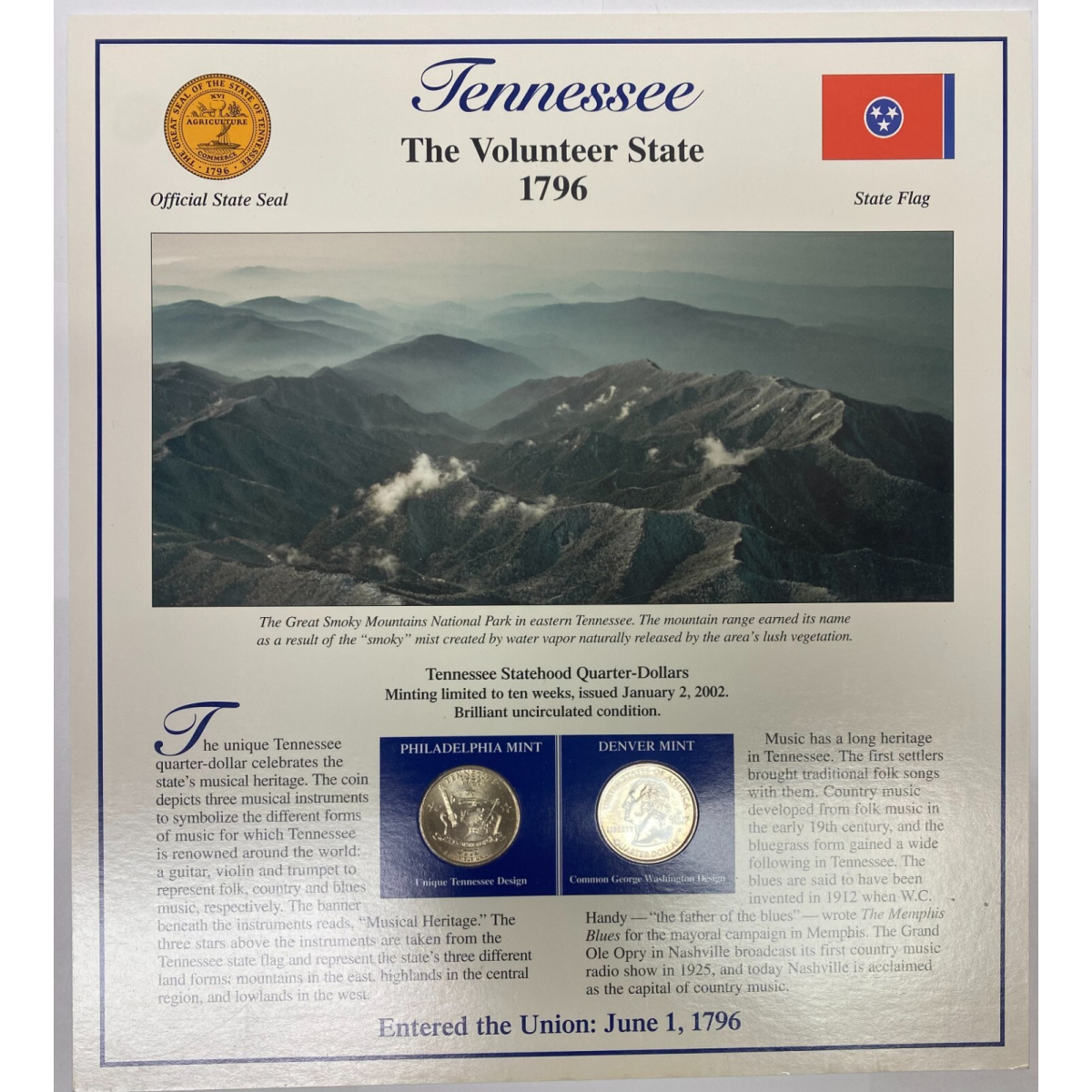 2002 Postal Commemorative Society Statehood Quarter/stamps Tennessee P & D