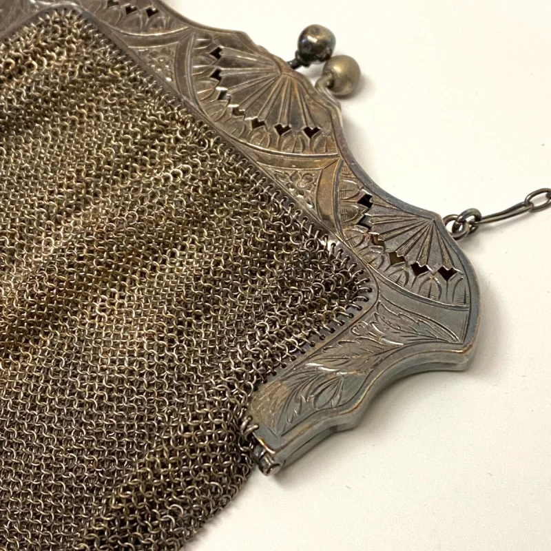 Antique Sterling Silver Mesh Purse - Ruby A Rossback 1909 Engraving