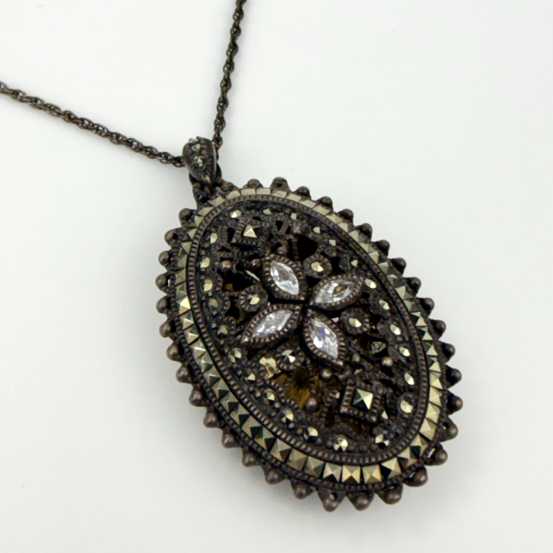 Judith Jack Sterling Silver Marcasite Oval Locket Pendant on Original Chain
