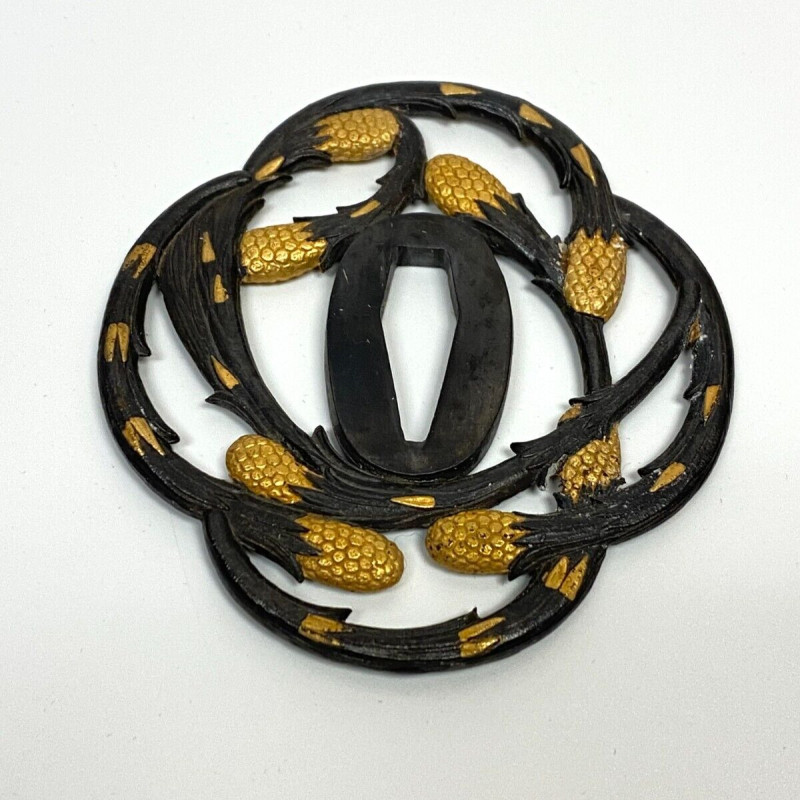 Antique Japanese Tsuba - Iron Sword Guard with Gold Inlay - Pinecone Motif Antique Japanese Tsuba - Iron Sword Guard with Gold Inlay - Pinecone Motif
