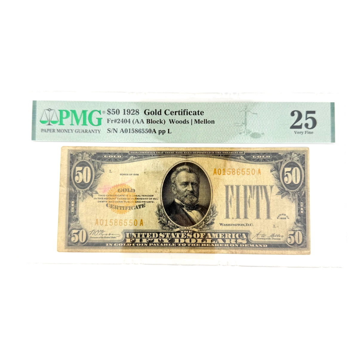 1928 $50 Gold Certificate Fr. 2404 AA Block PMG 25 VF Woods/Mellon A01586550A