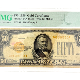 1928 $50 Gold Certificate Fr. 2404 AA Block PMG 25 VF Woods/Mellon A01586550A