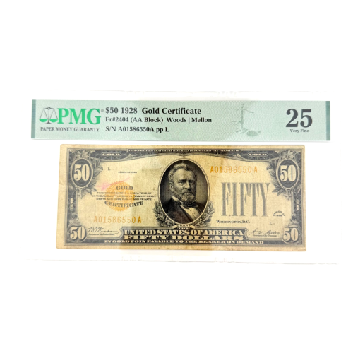 1928 $50 Gold Certificate Fr. 2404 AA Block PMG 25 VF Woods/Mellon A01586550A 1928 $50 Gold Certificate Fr. 2404 AA Block PMG 25 VF Woods/Mellon A01586550A
