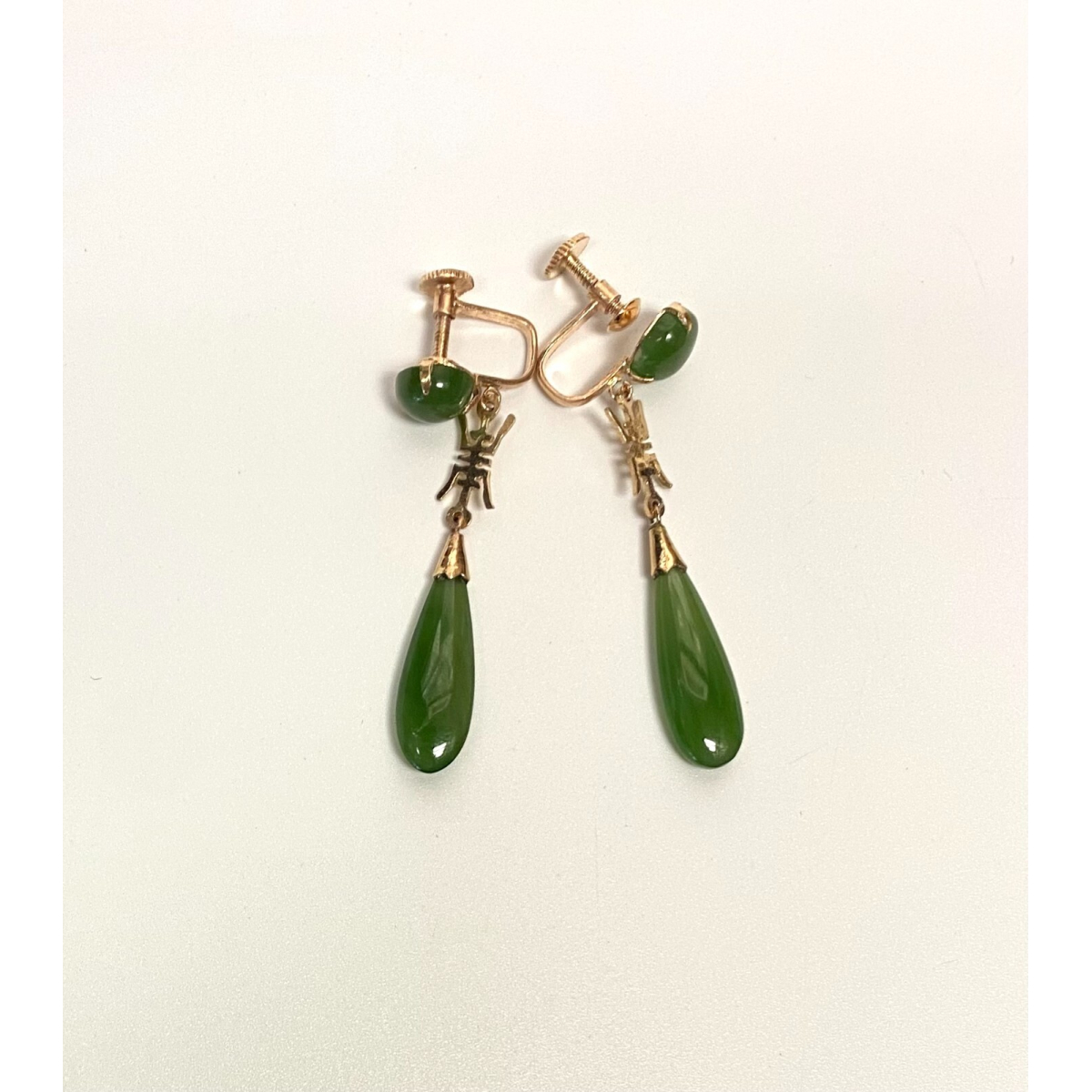 Vintage 10k Rose Gold Green Jade Dangle Earrings Chinese non-pierced
