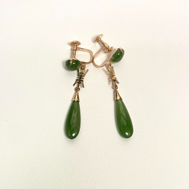 Vintage 10k Rose Gold Green Jade Dangle Earrings Chinese non-pierced