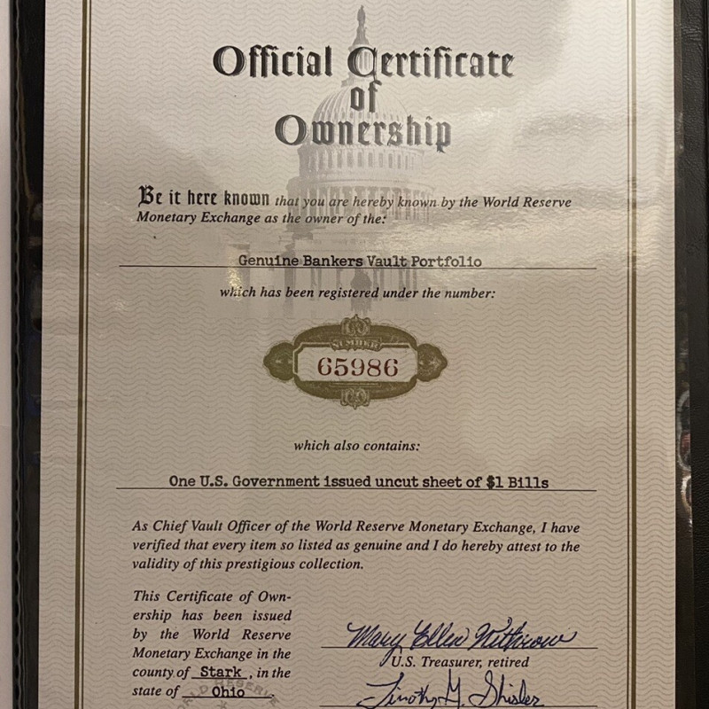 Uncut Sheet 2009 One Dollar Bills. $1 U.S. Banker's Vault Fed Portfolio Sheet