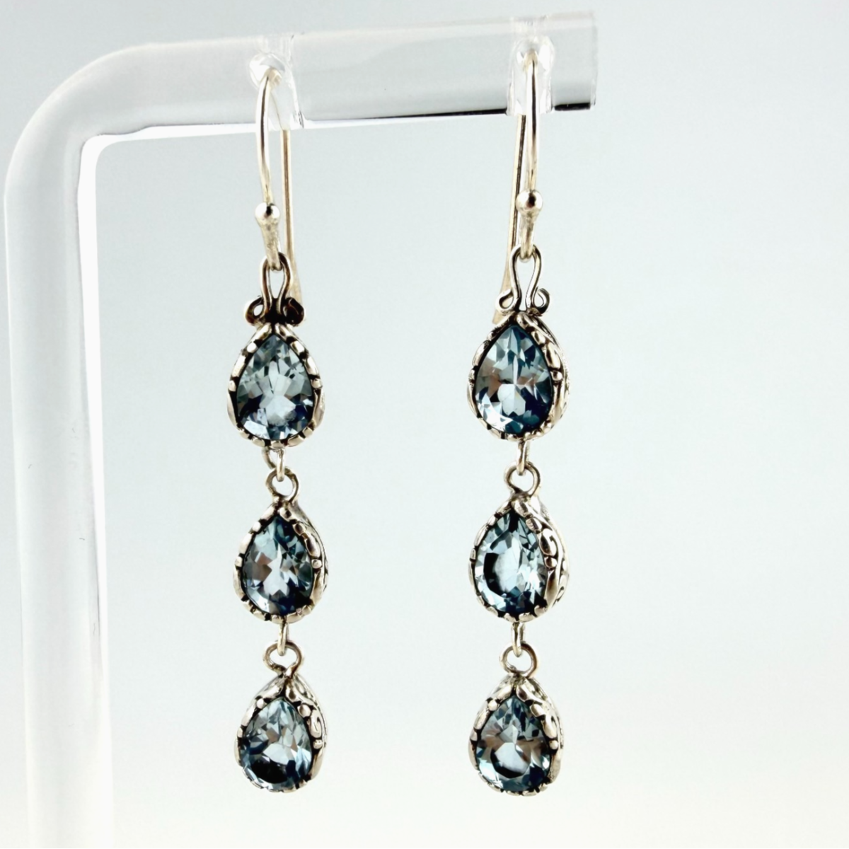 Sterling Silver Blue Topaz Triple Drop Dangle Earrings - 925 - Unbranded