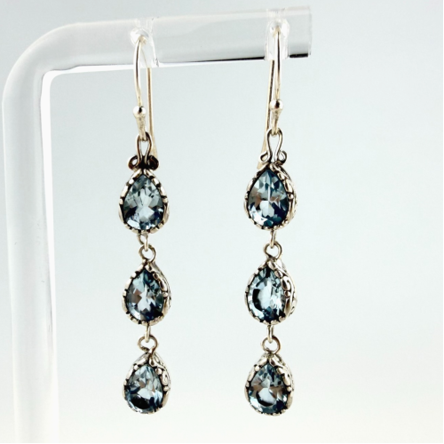 Sterling Silver Blue Topaz Triple Drop Dangle Earrings - 925
