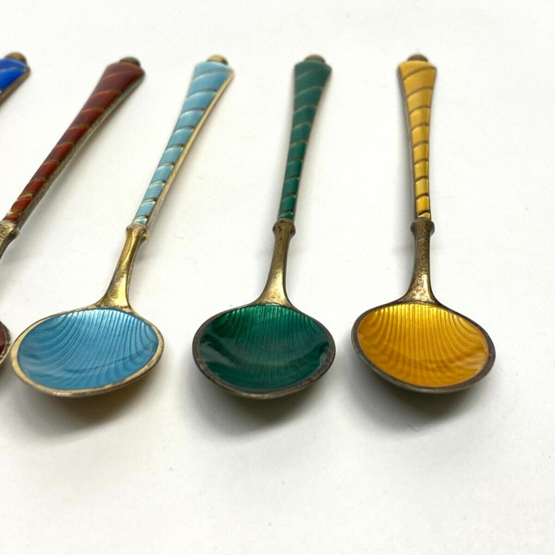 6 Demitasse Spoon Set Enamel Gilt Sterling Silver Ela Denmark