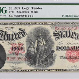 Fr#91 $5 1907 Legal Tender 'PCBLIC' ERROR PMG 35 VERY FINE-STUNNING 