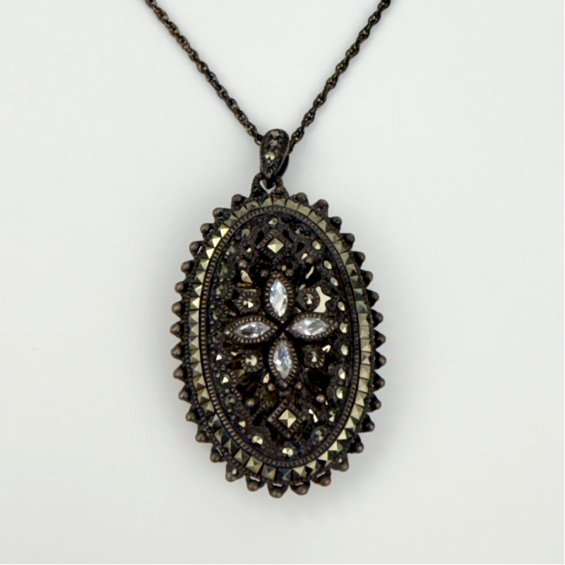 Judith Jack Sterling Silver Marcasite Oval Locket Pendant on Original Chain