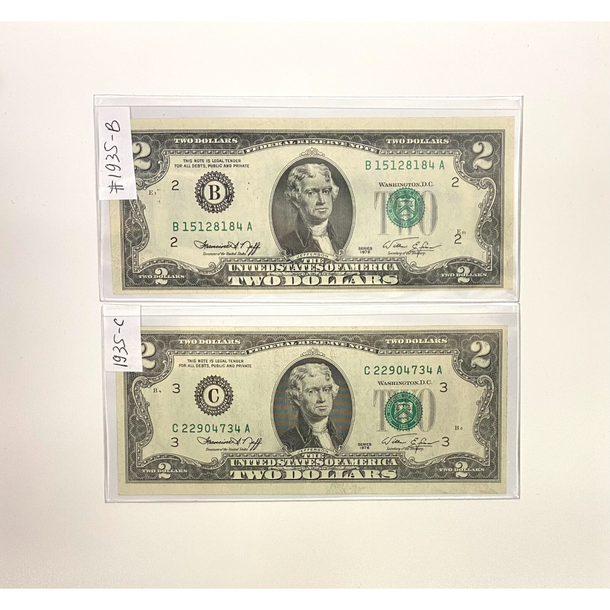 Lot of 2 Circulated 1976 Two Dollar Bills