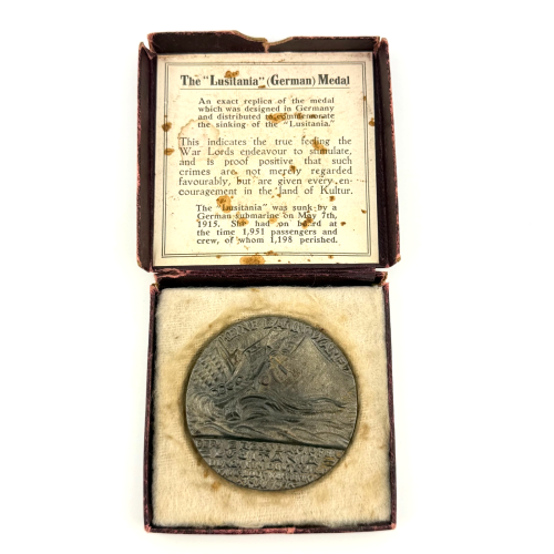 1915 Replica of the RMS Lusitania Sinking Medal in Original Propaganda Box 1915 Replica of the RMS Lusitania Sinking Medal in Original Propaganda Box