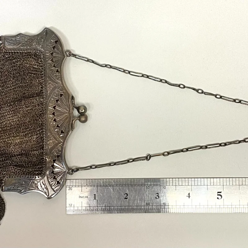 Antique Sterling Silver Mesh Purse - Ruby A Rossback 1909 Engraving