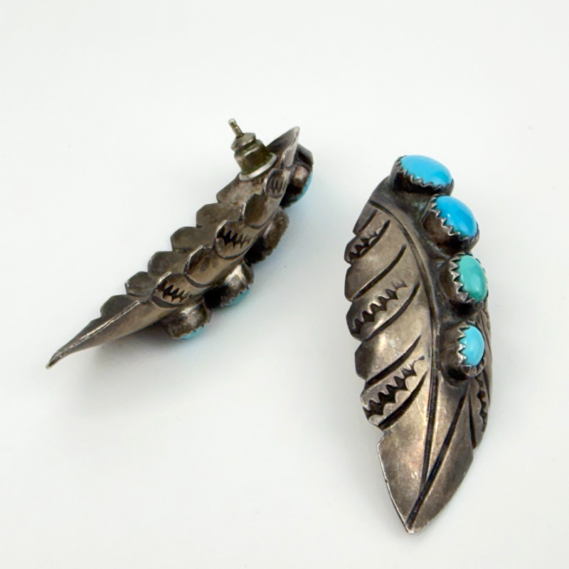 Navajo Sterling Silver 925 Turquoise Feather Stud Earrings Signed C/J NEZ
