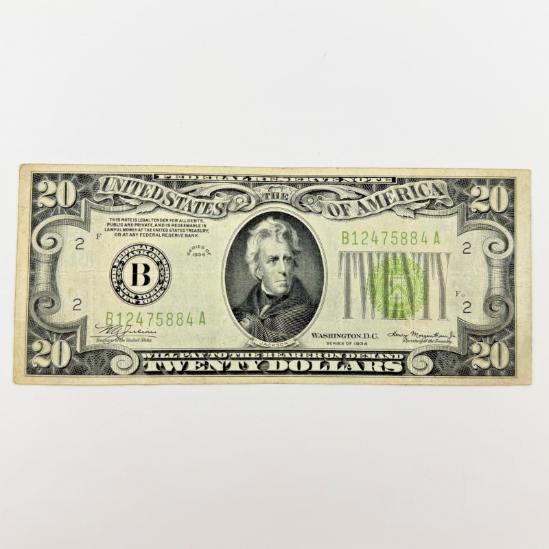 1934 $20 Federal Reserve Note Green Seal - Series B12475884A New York B District