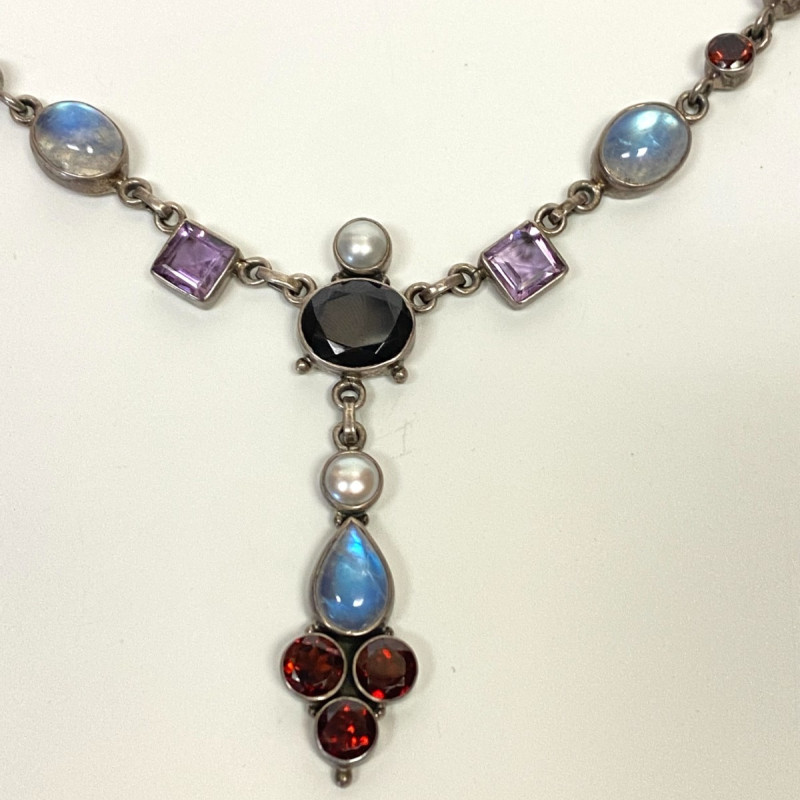 NICKY BUTLER STERLING UNUSUAL FESTOON DRAPE MOONSTONE, GARNET 17 NECKLACE