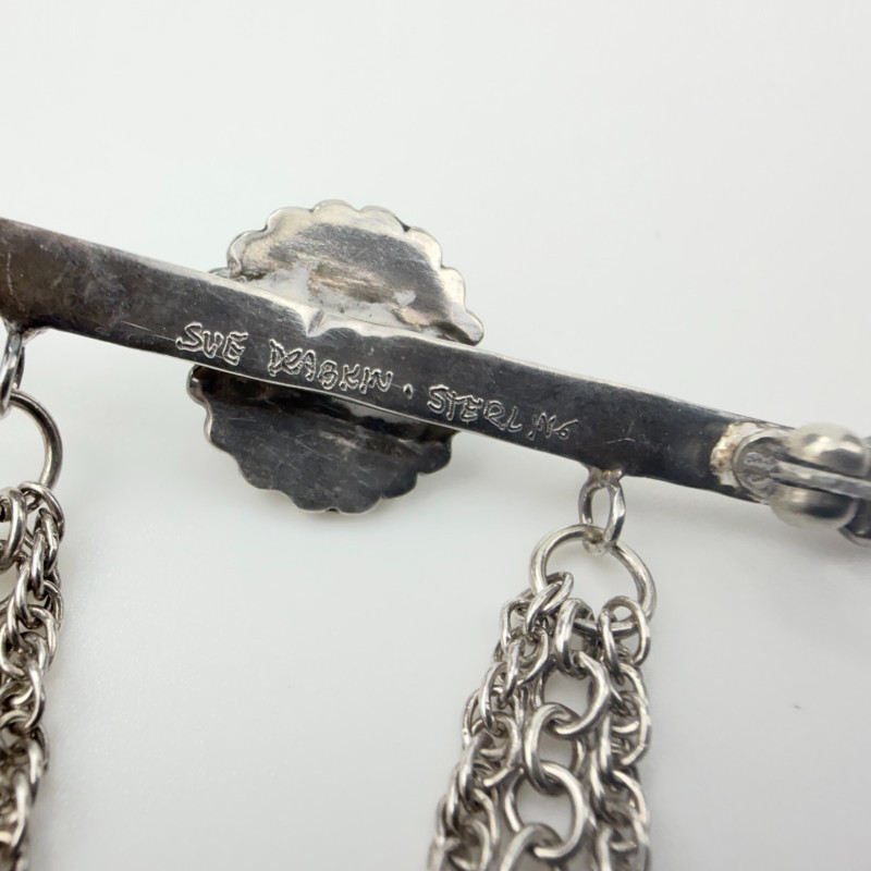 Rare Vintage Sue Susan Drabkin Sterling Silver Brooch with Chains and Green Jade