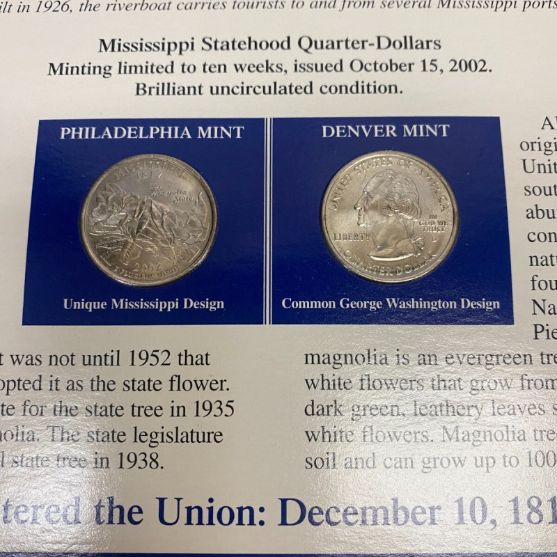 2002 P & D QUARTER COINS MISSISSIPPI STATEHOOD & STAMPS COLLECTION
