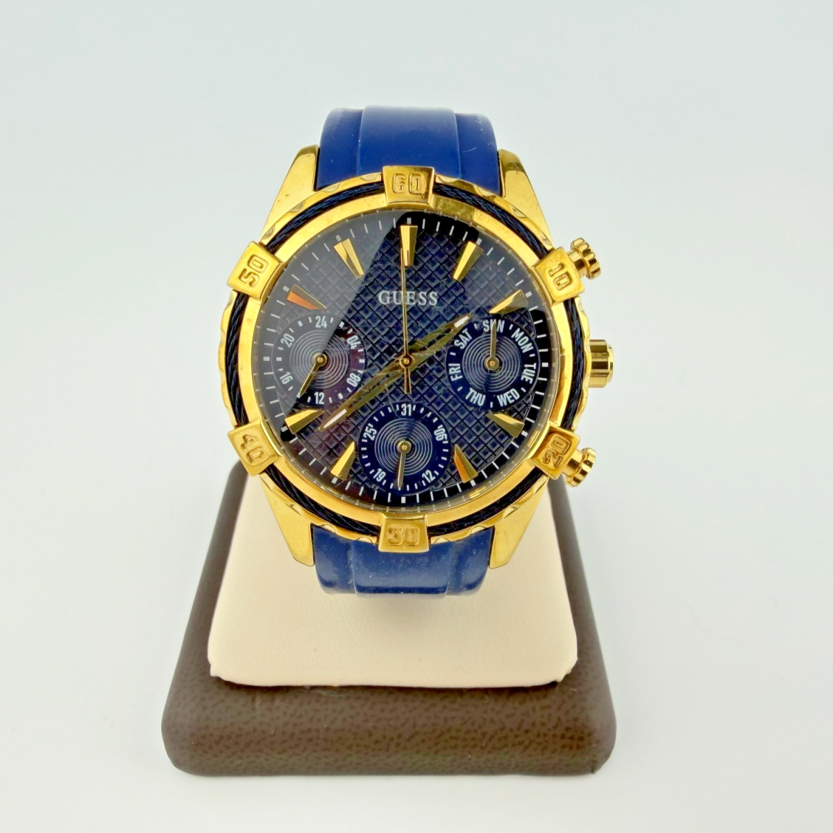 Guess Chronograph Gold Tone Watch Blue Silicone Strap Black Dial