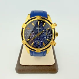 Guess Chronograph Gold Tone Watch Blue Silicone Strap Black Dial